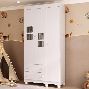 Imagem de Guarda-roupa Infantil 92cm Com Vidro 3 Portas E 2 Gavetas Luna Multimóveis MP4412 Branco