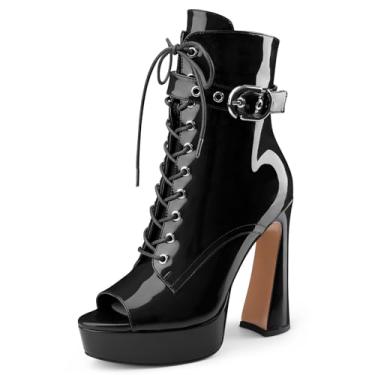 Imagem de Botas femininas pretas de cano baixo, plataforma com cadarço, salto alto, bico aberto, com zíper lateral e fivela de alça para mulheres, sexy, fofa, Patente preta, 40