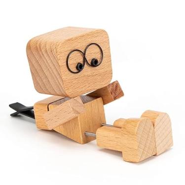 Imagem de Denwwico Pacote com 2 estatuetas de homem de madeira Shaking Feet e 24 peças de expressões magnéticas, bonecos de madeira Shak Feet com pernas de mola