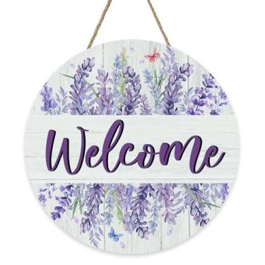 Imagem de Bolisom Placa de boas-vindas para a porta da frente com flor de lavanda primavera, verão, aquarela, floral, borboleta, madeira, cabide para uso externo, varanda, decoração de casa, guirlanda de