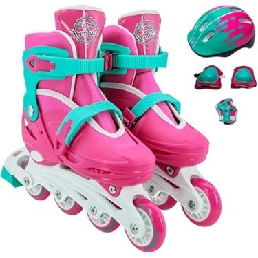 Imagem de Patins Infantil Rosa com Kit de Proteção, Conjunto Completo Ajustável com Capacete e Protetores, 4 Rodas, Tamanho 30-33, para Meninas