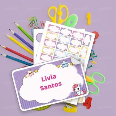 Imagem de Kit de Etiquetas Escolares Personalizadas Unicórnio 01 para material escolar infantil, identificação de cadernos, livros, lápis, lancheira e garrafinha