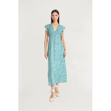 Imagem de The Good Journey Vestido maxi feminino boho floral gola V manga esvoaçante para convidados de casamento e férias de verão, Azul-petróleo, 34