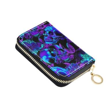 Imagem de Carteira feminina neon azul roxo caveiras flores porta-cartões de crédito bloqueio RFID zíper zíper porta-moedas com chaveiro