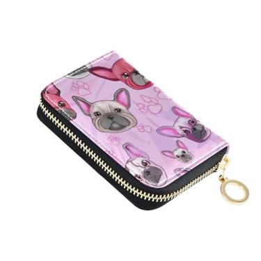 Imagem de Carteira feminina de couro com bloqueio de RFID, porta-moedas pequena com zíper, porta-chaves, desenho animado, buldogues franceses, rosa
