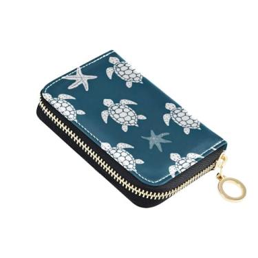 Imagem de Carteira feminina de couro, tartarugas marinhas, estrela-do-mar, azul marinho, 9 compartimentos para cartão de crédito e 2 compartimentos para dinheiro, impermeável, com zíper, porta-chaves