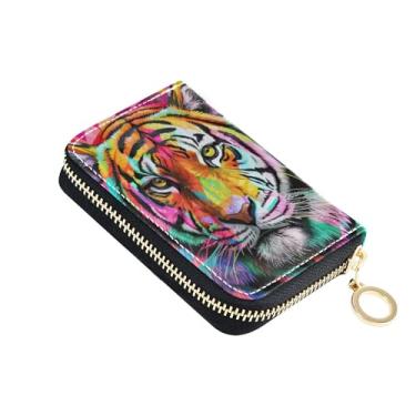 Imagem de Porta-cartão de crédito com bloqueio de RFID, carteira feminina, de couro, pequena bolsa para moedas, com zíper, colorido, tigre, cor arco-íris