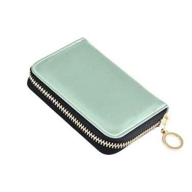 Imagem de Carteira feminina com porta-cartões com bloqueio de RFID, zíper ao redor de couro, carteira masculina com bolso para moedas, verde ciano pastel
