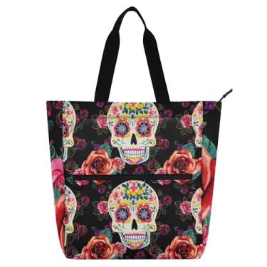 Imagem de GAIGEO Sacolas de trabalho pretas pintadas com caveiras de açúcar rosas para mulheres, bolsa escolar de lona com zíper, presente para professores para amantes de livros