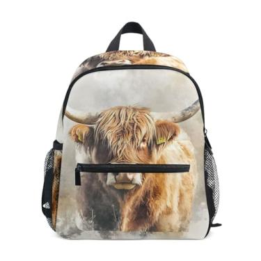 Imagem de GAIGEO Highland Cow Painting Backpack for School Kids, 10x4x12 In, Little Boys Backpack Includes Water Bottle Pockets, Whistle Clip for Safety