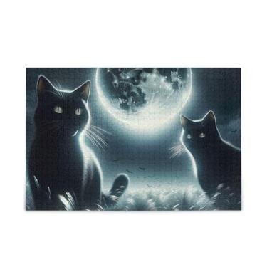 Imagem de Quebra-cabeças de Halloween com lua de gatos pretos 500 peças resistentes de 2 mm para adultos, famílias