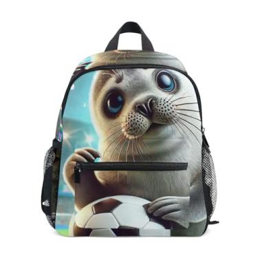 Imagem de GAIGEO Cute Seal Soccer Mini Kids Backpack with Whistle, 2 Bottle Pockets, Lightweight, Pre School Backpack 10x4x12 In, for Ages 3-8