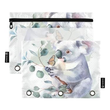 Imagem de GAIGEO Pasta de lápis Koala Eucalyptus Branch com 3 anéis, bolsa de lápis com zíper para meninos bolsos transparentes para fichários transparentes 25 x 18 cm, 2 pacotes