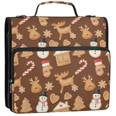 Imagem de Organizador de fichário de biscoito de gengibre de Natal marrom com zíper de 3,5 polegadas, 3 anéis, bolsa de fichário resistente com alça para portfólio escolar e suporte de pasta de anéis, 34,5 x