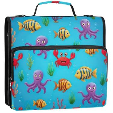 Imagem de Organizador de fichário com zíper fofo de desenho animado colorido com 3 argolas de 3,8 cm anel D fofo bolsa escolar com alça de ombro, vários bolsos, pasta grande para portfólio, 34,5 x 31,5 x 9 cm