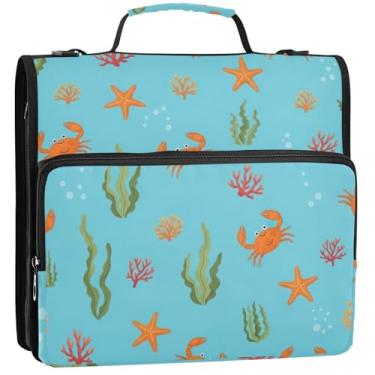 Imagem de Organizador de fichário com zíper para trabalho com 3 argolas de 3,5 cm, caranguejos laranja divertidos, vários bolsos, pasta grande para fichário de ensino médio com alça, 34,5 x 31,5 x 9 cm