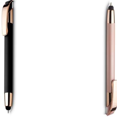 Imagem de Caneta esferográfica em metal Emborrachada com ponta touch escrita em azul. Design moderno e Anotações (Preto e Rosa 2)