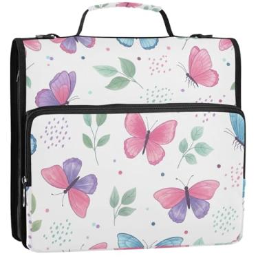 Imagem de Pastas com 3 anéis rosa e borboletas pastel, 3,8 cm, organizador de fichário com zíper, bolsa escolar com alça de ombro, portfólio e estojo para pasta de anel, 34,5 x 31,5 x 9 cm
