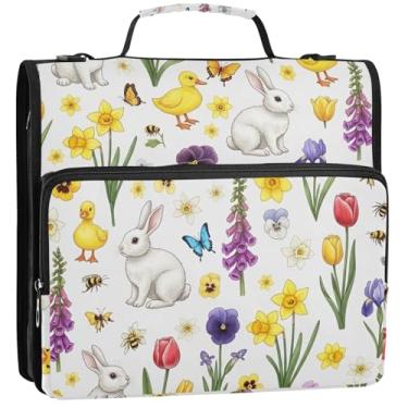 Imagem de Organizador de fichários de 3 anéis de 3,8 cm com zíper para coelhos brancos, bolsa escolar com alça de ombro, pasta básica para portfólio de armazenamento com alça de 34,5 x 31,5 x 9 cm