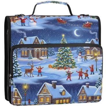 Imagem de Organizador de fichário com zíper, cenário festivo de vila de inverno, 3 fichários de 3,8 cm, anéis divertidos, fichários com alça, pasta de armazenamento de bolsa de ensino médio com alça, 34,5 x