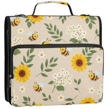 Imagem de Lindo organizador de fichário com zíper de abelhas com 3 anéis, 3 anéis, bolsa escolar com alça de ombro, estojo com alça, 34,5 x 31,5 x 9 cm