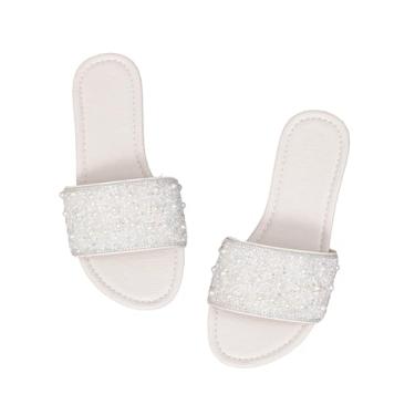 Imagem de BEAUDRM Pantufas femininas com glitter com pérolas brilhantes com contas e bico aberto, Pérola branca, 37