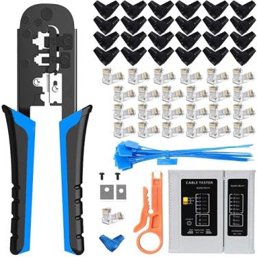 Imagem de TAIWAIN Ferramenta de rede de reparo RJ45/RJ11/RJ12 para conector de passagem de extremidade, alicate de crimpagem profissional para corte de ferramentas, crimpador modular compacto CAT6 CAT5e para faça você mesmo e profissional (azul)