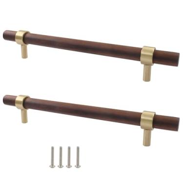 Imagem de Piutouyar Puxadores de armário de nogueira, puxadores de gaveta de madeira central de 160 mm/160 mm/6-1/10.2 cm, puxadores de madeira com parafusos, puxadores de cômoda de latão para cozinha, armário