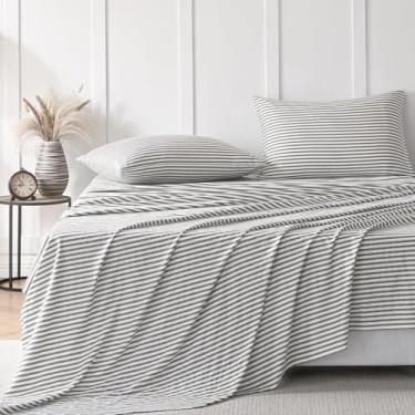 Imagem de JELLYMONI Jogo de lençol 100% algodão – listras cinza e branco, solteiro, roupa de cama macia com bolso alto, lençol de cima e fronhas
