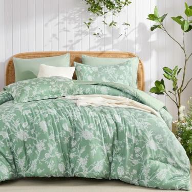 Imagem de Luxudecor Conjunto de edredom floral, tamanho king, 7 peças, flor verde com cama de pássaro em uma bolsa, edredom macio reversível com jogo de cama 264 x 228 cm