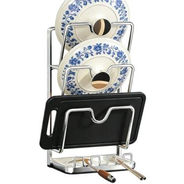 Imagem de Organizador de tampa de panela - Armazenamento de cozinha multicamadas de aço inoxidável - Organizador de tampa de cozinha - para armário de bancada, despensa, prato, colher, garfo, talheres, casa