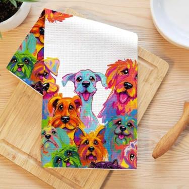 Imagem de Toalhas de cozinha coloridas para cães, pano de prato de microfibra absorvente decorativo fofo toalha de chá, toalhas de mão de trama waffle para casa de banho, cozinha, presentes para amantes de cães