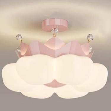 Imagem de Luminária de teto LED dimerizável com controle remoto, modelo Creative Crown, 66W, com cúpula de acrílico, ideal para quartos infantis de meninos e meninas (Cor: Rosa/Branco).