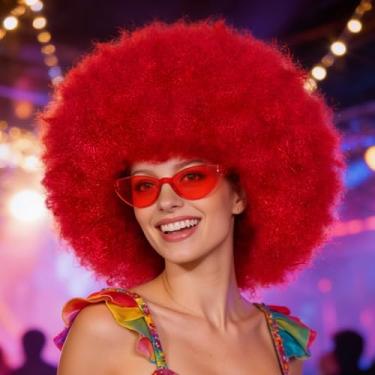 Imagem de Touca de cabelo + óculos de sol feminina vermelha peruca afro engraçada para mulheres adultas perucas loucas curtas coloridas Rocker afro perucas coloridas carnaval festa de Halloween cabelo despedida