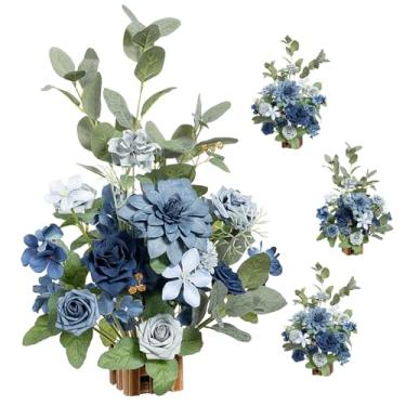Imagem de Ling's Moment Arranjos de flores artificiais de 44,5 cm de altura, 4 peças, decoração de cadeira de corredor, decoração de outono, azul escuro e azul marinho, para cerimônia, recepção, rosa, floral,
