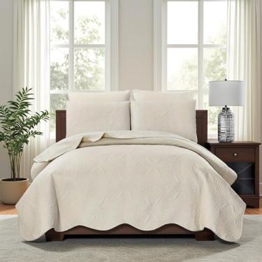 Imagem de Conjunto de colcha de elipse bege geométrico, Queen, 3 peças, macio, leve, reversível, ultrassônico, edredom para todas as estações (elipse bege, Queen)