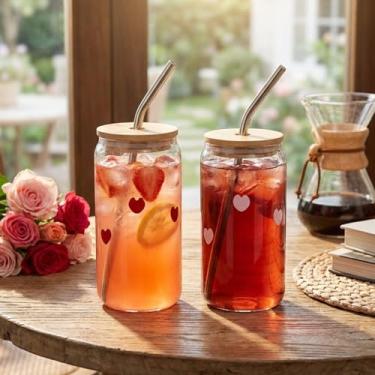 Imagem de Honeydak Copo de vidro de 2 peças com ícone de coração dos namorados - copos de vidro com tampa e canudos, café, cerveja, refrigerante, suco para presentes de festa do dia dos namorados