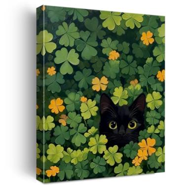 Imagem de Nurawo Decoração de parede do Dia de São Patrício, lindo trevo de gato preto, imagem do dia de São Patrício, impressão em tela, pôster emoldurado, pintura para casa, escritório, quarto, quarto, 20 x