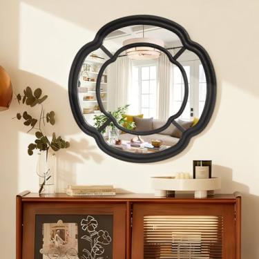 Imagem de Lzuso Espelho preto montado na parede, grande círculo irregular espelho de pendurar espelhos decorativos redondos ondulados de madeira para decoração de vaidade de entrada de corredor espelhos de 50