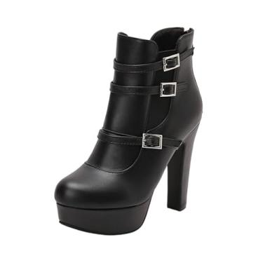 Imagem de Botas femininas curtas de inverno sólidas bico redondo zíper traseiro impermeável salto alto tornozelo, Preto, 35