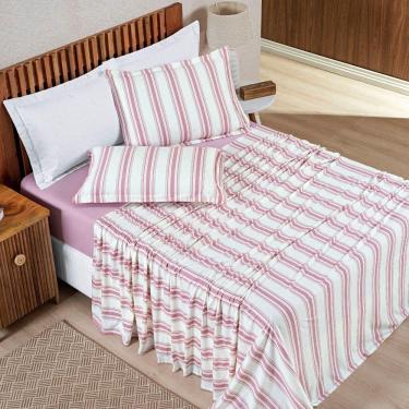 Imagem de Jogo Cama Lençol Daily Casal Padrão Malha 100% Algodão Listrado 4 Peças - Rosê
