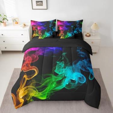 Imagem de Erosebridal Jogo de edredom queen hippie esfumaçado em uma bolsa, 7 peças, para crianças, meninos, meninas, adultos, abstrato, grunge, azul-petróleo, conjunto de lençol com edredom