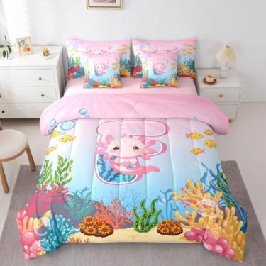 Imagem de Erosebridal Jogo de cama com letra F com letra F fofo Kawaii Axolotl conjunto completo de 7 peças para crianças, meninas, adolescentes, conjunto de cama de desenho animado salamandra, animal oceano