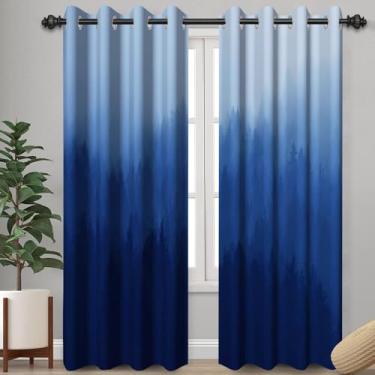 Imagem de Cortinas de janela gradiente floresta azul ombré para decoração de quarto, cortinas escurecidas com isolamento térmico para sala de estar, gradiente lavável à máquina, cortinas com ilhós para