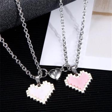 Imagem de Colar feminino com pingente de coração combinando com 2 peças, rosa e branco, joia moderna, presente de dia dos namorados