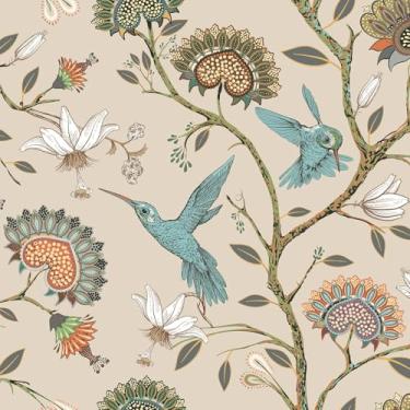 Imagem de FunStick Papel de parede floral bege de 44,5 x 899 cm, papel de parede vintage Boho Bird para banheiro, cozinha, flor, papel de parede, autoadesivo, bege, para decoração de parede