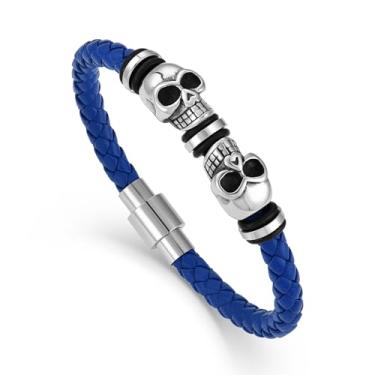 Imagem de TIMFROZ Pulseira masculina de couro com caveira trançada multicamadas pulseira punk hip hop pulseira dia dos pais joias de aniversário presentes para homens pulseira de fivela de aço inoxidável 21,6