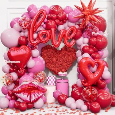 Imagem de Kit de arco de balão de dia dos namorados com 200 pétalas de rosa, coração, lábios, balões de amor e estrela, kit de arco de balão rosa e vermelho para decorações de festa do dia dos namorados