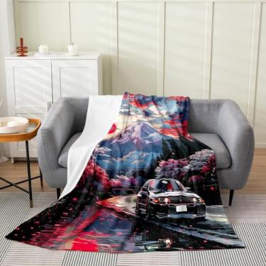 Imagem de Cobertor de flanela infantil de carro de corrida, flor de cerejeira japonesa Ukiyo-e cobertor de cama retrô para meninas e mulheres, cobertor de lã para jogos de esportes radicais, cobertor felpudo