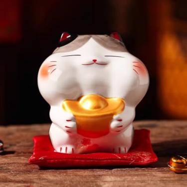 Imagem de FENNYYAR Gato preto Yuanbao dourado de cerâmica, 13 cm, enfeite de mesa doméstico